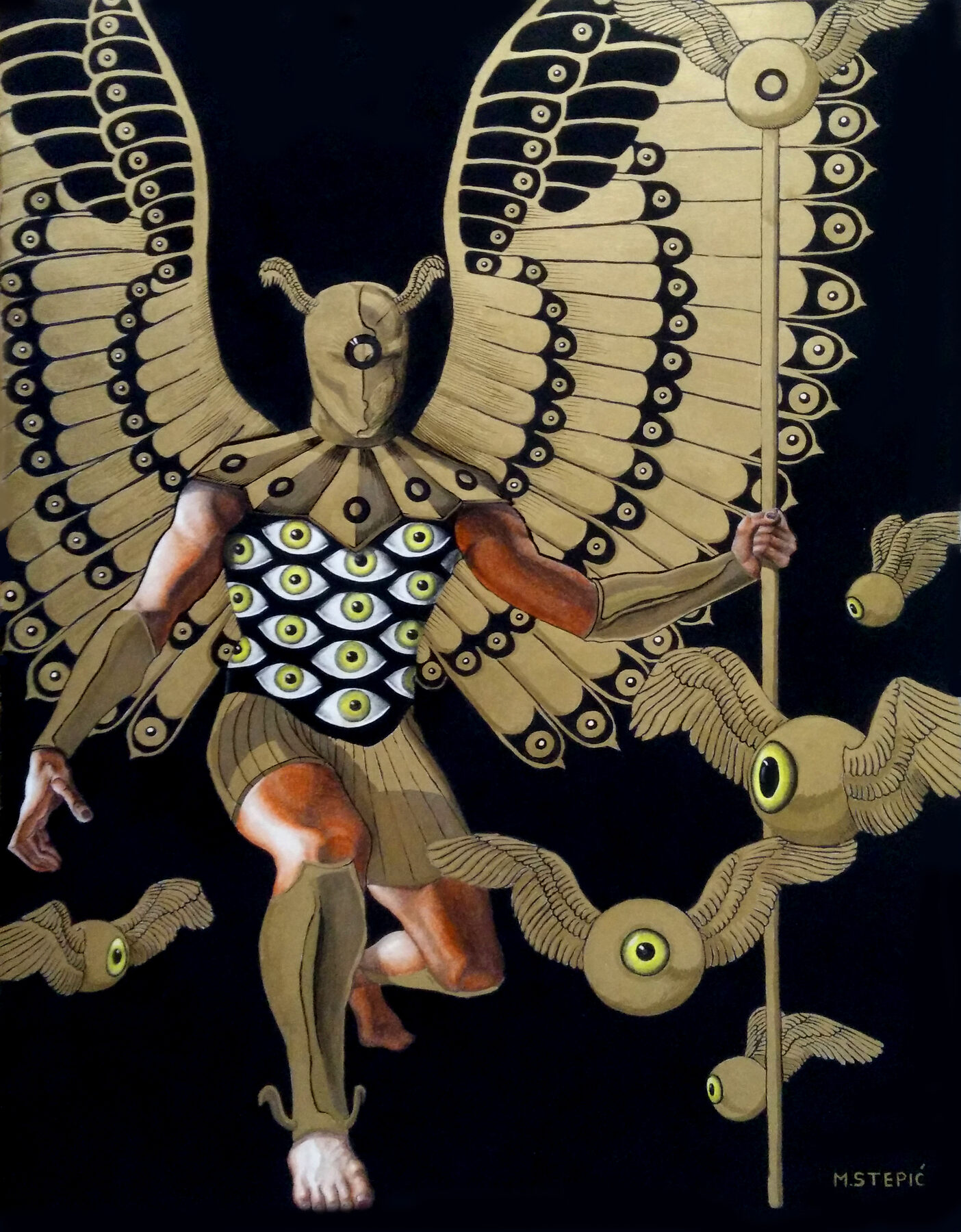 Soul Watcher II — Hard Conte Pastel, Soft Pastel pencil and gold leaf pen on Stonehenge paper by Marijan Mario Stepic